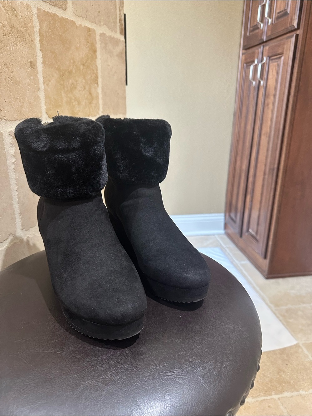 DKNY Black Faux-Fur Cuff Wedge Ankle Boots